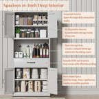 72" H White Steel Kitchen Pantry Storage Cabinet with Countertop | Metal Farmhouse Cabinets for Living Room, Bathroom, Heavy Duty Rustic Pantry