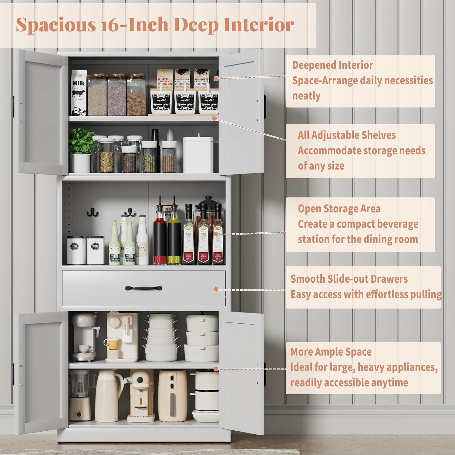 72" H White Steel Kitchen Pantry Storage Cabinet with Countertop | Metal Farmhouse Cabinets for Living Room, Bathroom, Heavy Duty Rustic Pantry