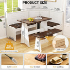 Breakfast Nook Set 3-4 Seat L-Shaped with Hidden Storage - Space Saving Corner Kitchen Dining Table & Bench Set - Farmhouse Family Home White Brown Wood