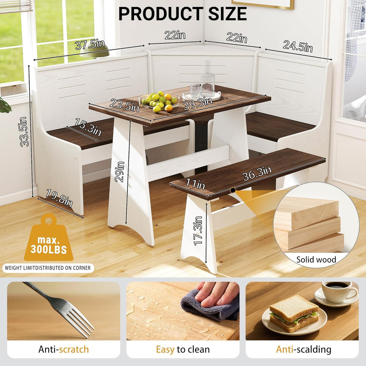 Breakfast Nook Set 3-4 Seat L-Shaped with Hidden Storage - Space Saving Corner Kitchen Dining Table & Bench Set - Farmhouse Family Home White Brown Wood