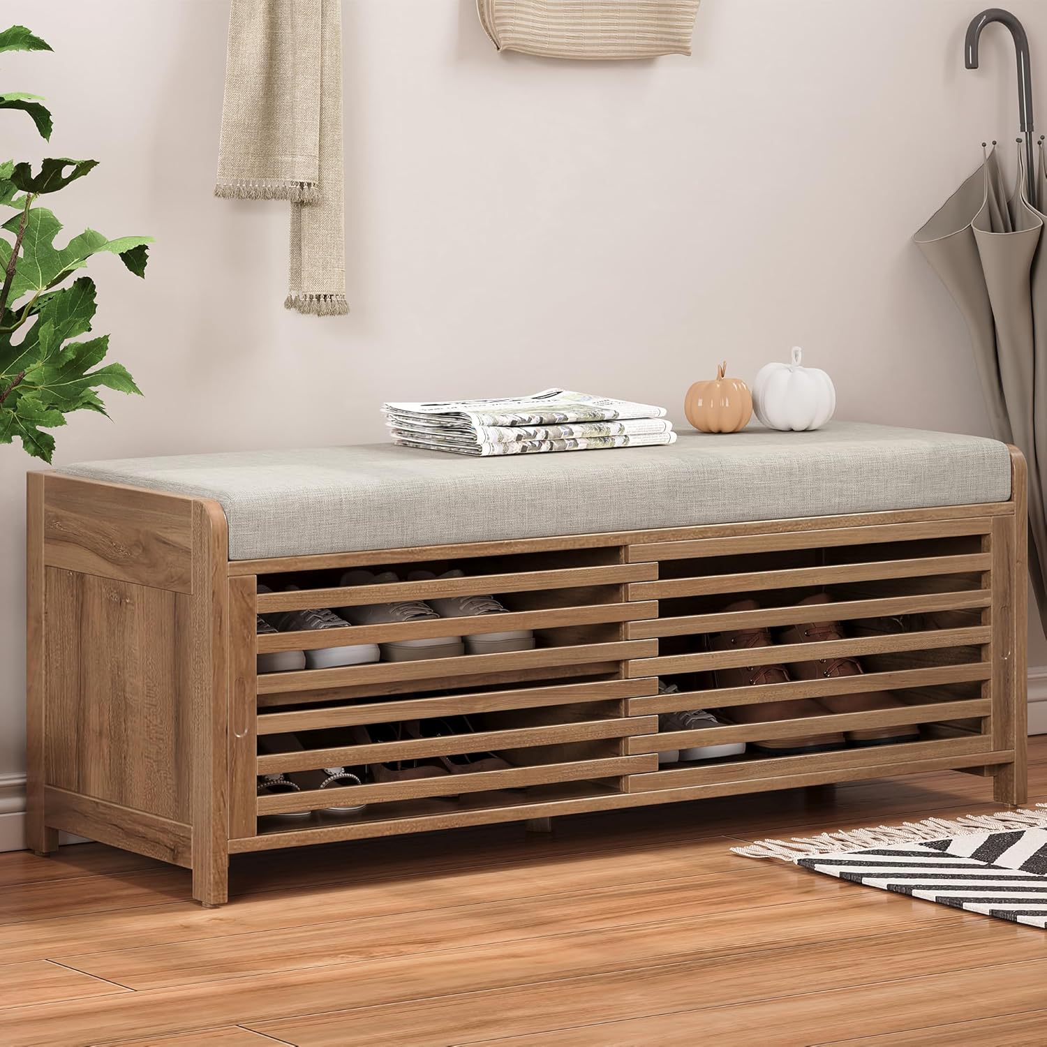 Ball & Cast Entryway Storage Bench with Shutter Doors, 43.3" Wooden Shoes Organizer, Modern Movable Upholstered Seat Entryway Shoe Rack Cabinet for Hallway Living Room, Natural White