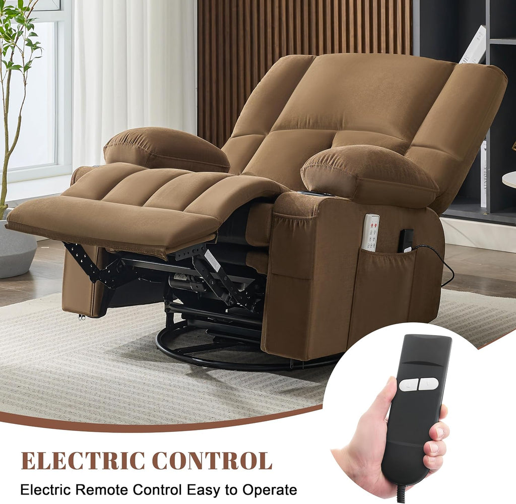 Oversized Recliner Chairs for Adults, 270° Swivel Rocker Recliner with Heat and Massage Lazy Boy Recliner,Recliner Chairs Single Sofa Seat with Cup Holders (Brown,Electric)