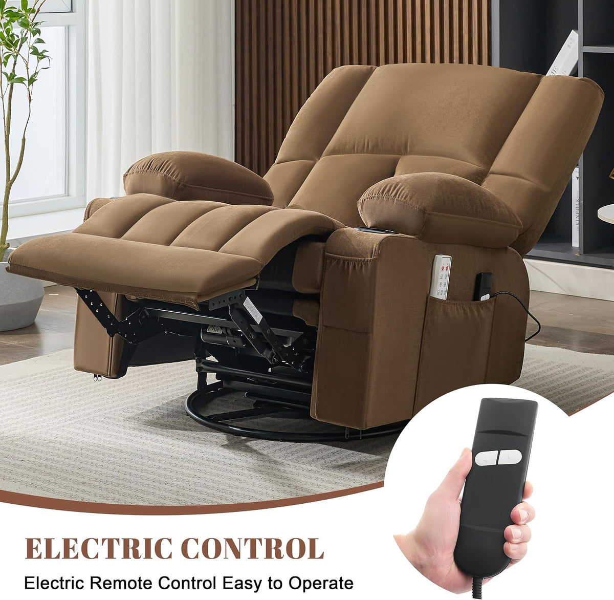 Oversized Recliner Chairs for Adults, 270° Swivel Rocker Recliner with Heat and Massage Lazy Boy Recliner,Recliner Chairs Single Sofa Seat with Cup Holders (Brown,Electric)