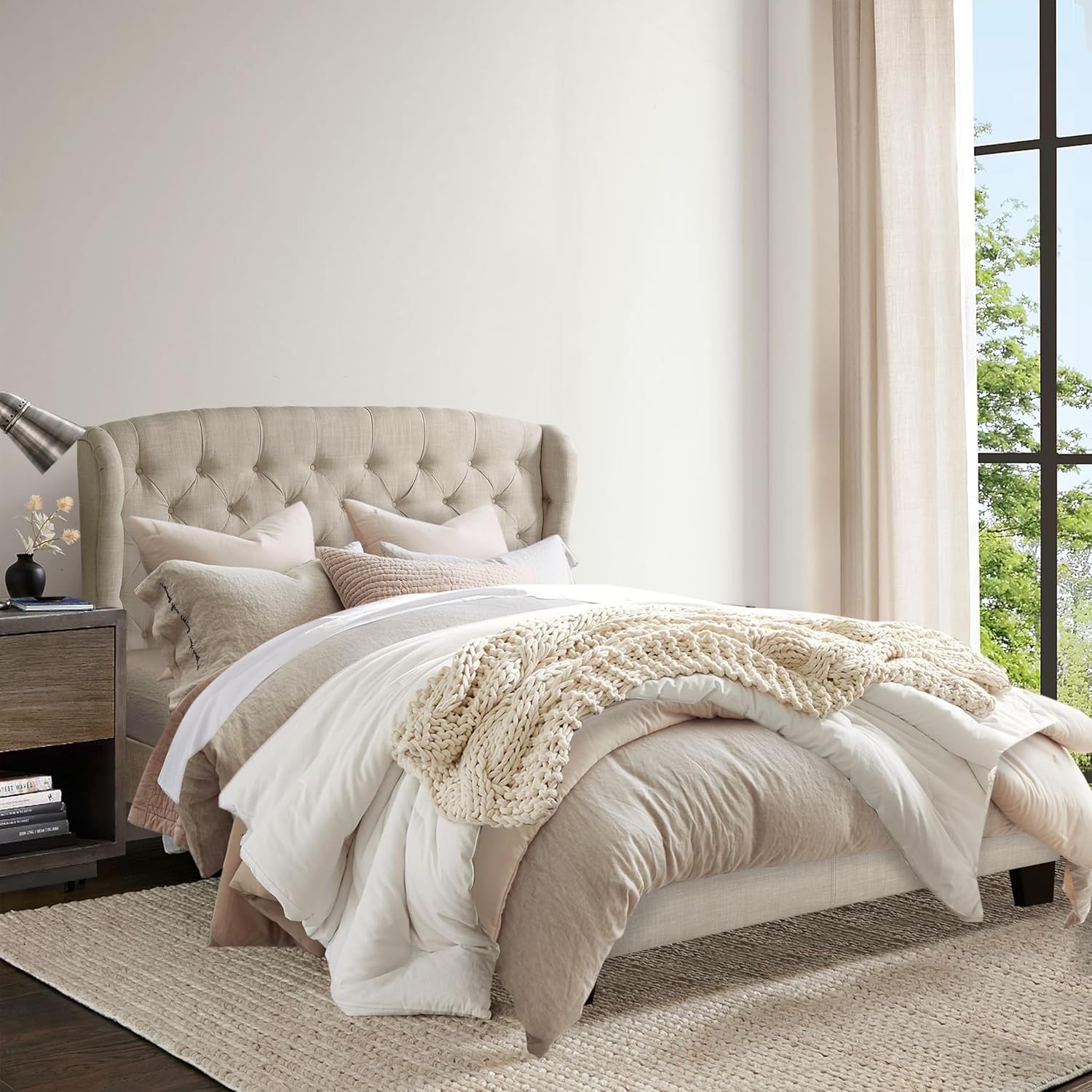 Rosevera Josie Wingback Bed/Tufted Headboard Adjustable Height Bed Frame/Fabric Upholstered Bed Frame/Wood Slat Support/Easy Assembly,Queen,Textile Beige