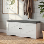 Apicizon Shoe Storage Bench, 2 Tier Entryway Bench with Padded Seat Cushion, 2 Barn Doors, Adjustable Shelves, 39.37" Shoe Bench with Storage for Entrance Hallway Bedroom Living Room, Beige White