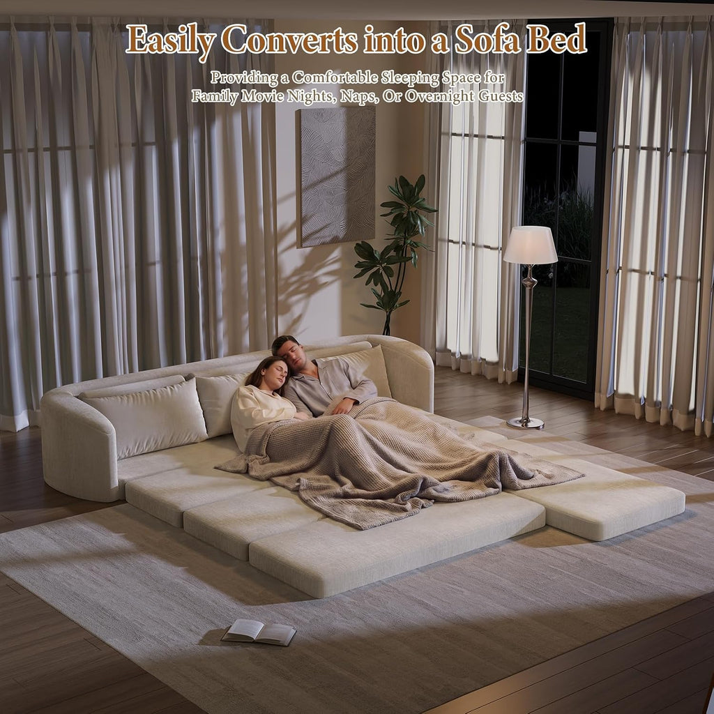 Vesgantti 6 in 1 Convertible Folding Sleeper Sofa Bed, No Assembly, Beige | 110.2" L Shaped Modular Sectional Sofa, Curved Armrest, Deep Seat Couches for Living Room, Chenille, Right Facing
