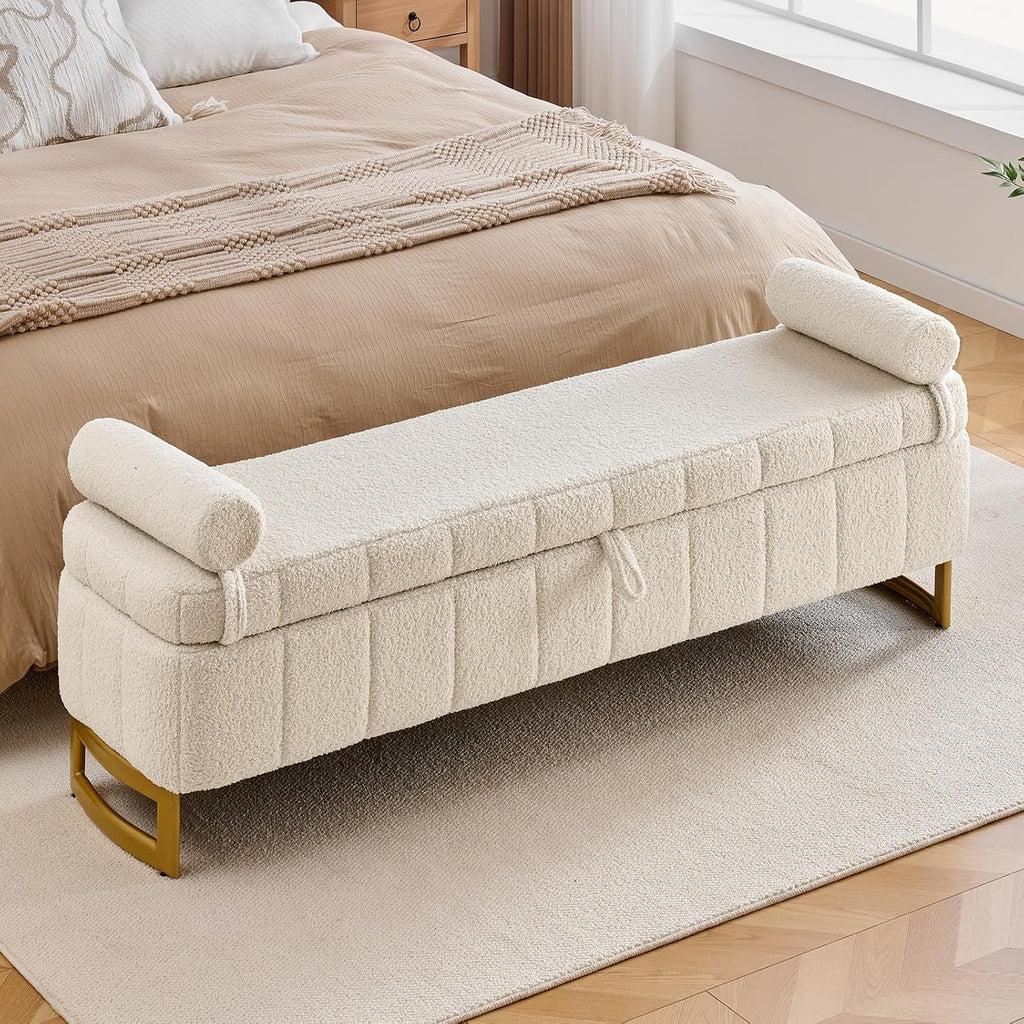 Storage Bench, 63" Ottoman with Storage for Foot of Bed King Size, Modern Upholstered End of Bed Bench with Gold Metal Legs for Bedroom Entryway Hallway, Teddy Beige