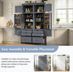 Freestanding Kitchen Pantry with Drawers, Shelves & Pull-out Trays,Gray | Freestanding tall unit with 8 door shelves, 4 pull-out trays, 6 drawers, gray finish, for dining room use