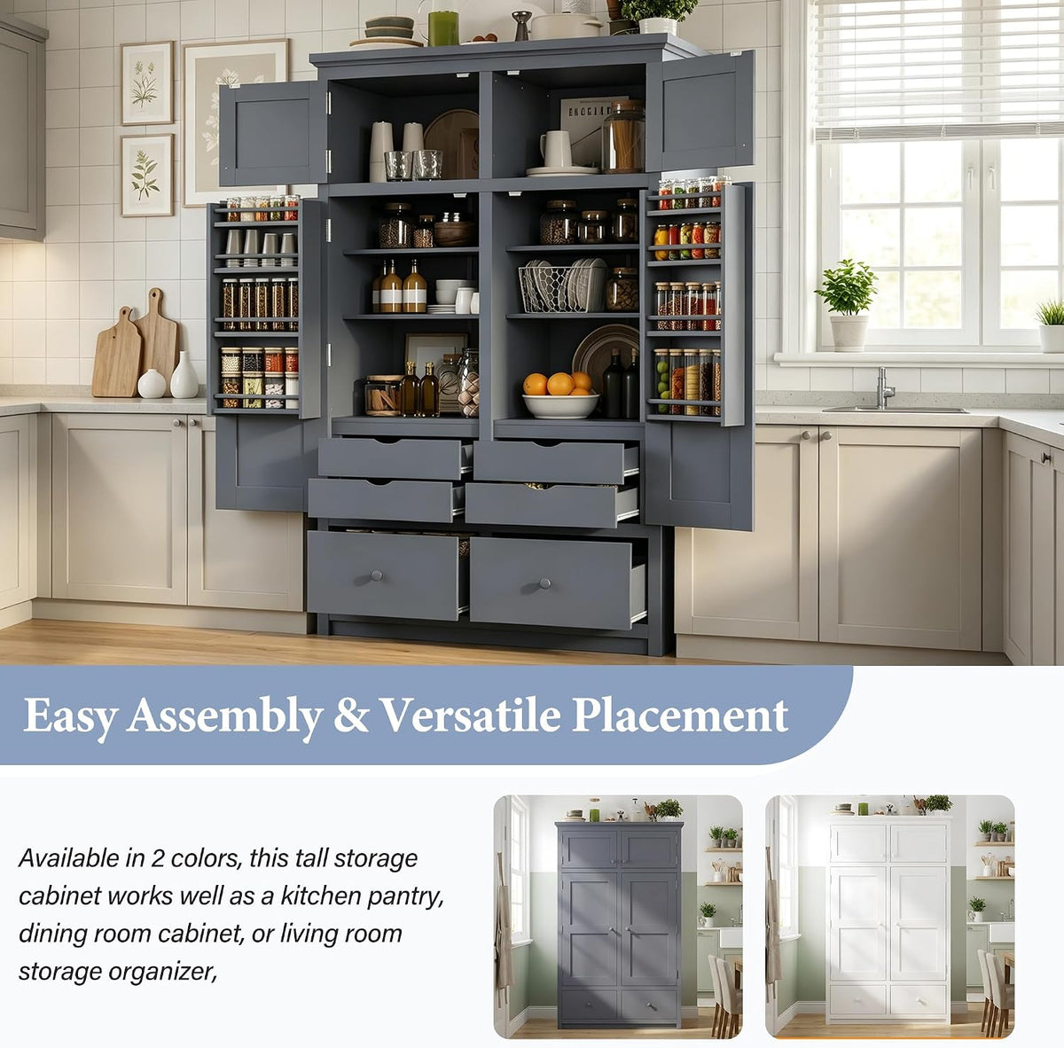 Freestanding Kitchen Pantry with Drawers, Shelves & Pull-out Trays,Gray | Freestanding tall unit with 8 door shelves, 4 pull-out trays, 6 drawers, gray finish, for dining room use