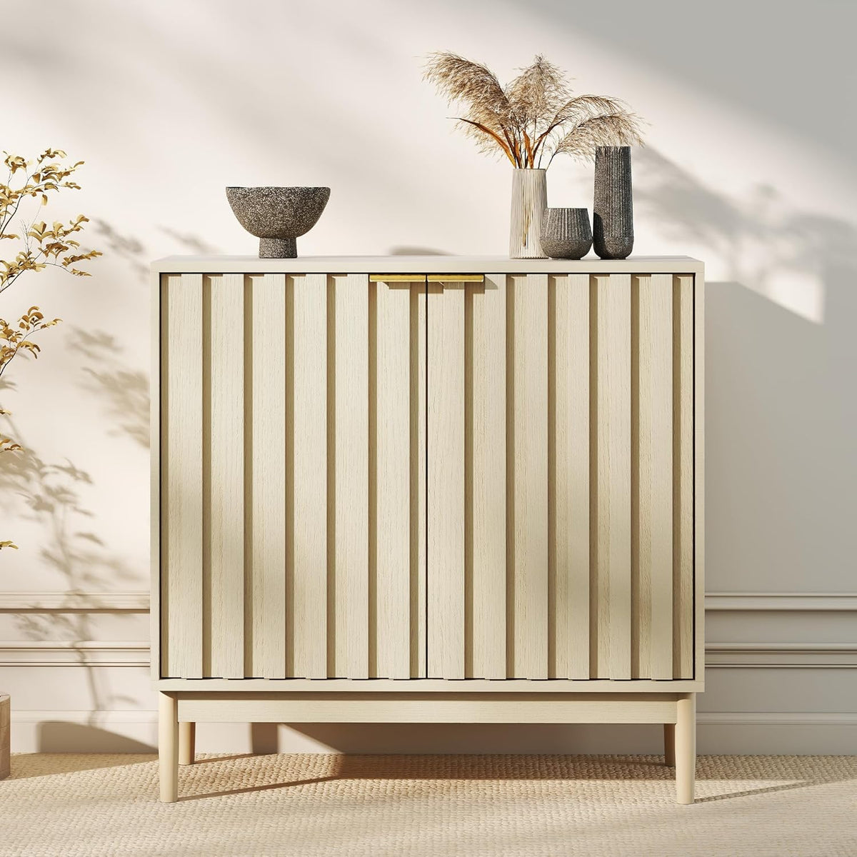 Fluted Cabinet with Storage, Buffet Cabinet Sideboard with 2 Doors, Beige Buffet Storage Accent Cabinets with Adjustable Shelves for Living Room, Entry, Hallway, Kitchen
