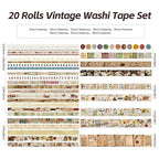20 Rolls Vintage Washi Tape Set, Floral Letter Butterfly Mushroom Botanical Flower Writable Decorative Tapes for Scrapbooking , Junk Journal Supplies, Bullet Journaling 10-60mm Wide 6.56ft long/Roll