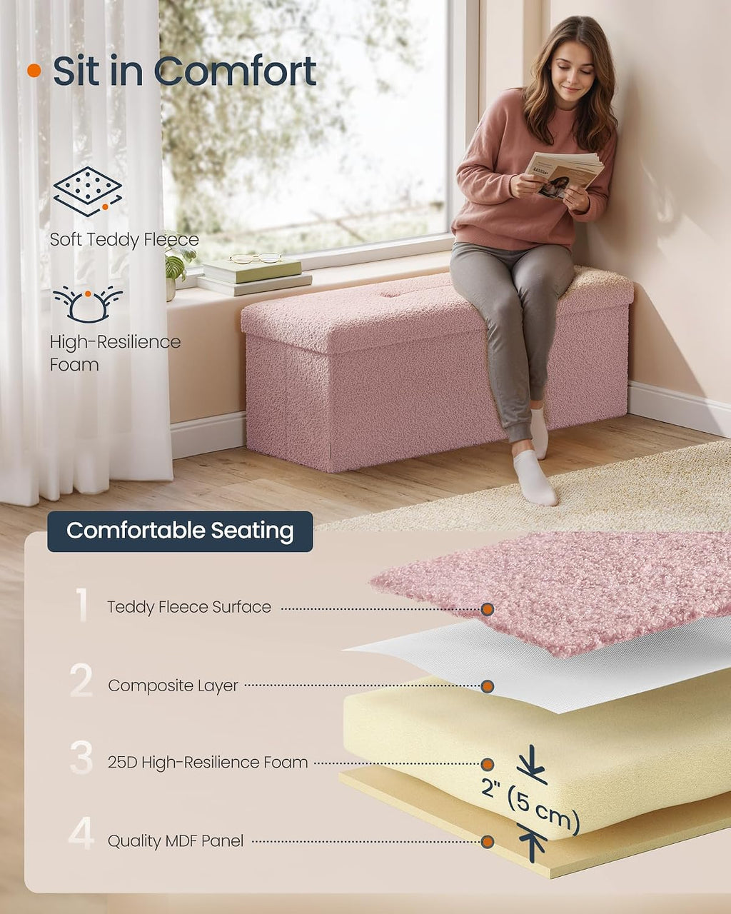 SONGMICS Large Folding Storage Ottoman Bench, 15 x 43 x 15 Inches | Foot Rest Stool, Load up to 660 lb, Jelly Pink, MINOTA Collection ULSF097R01