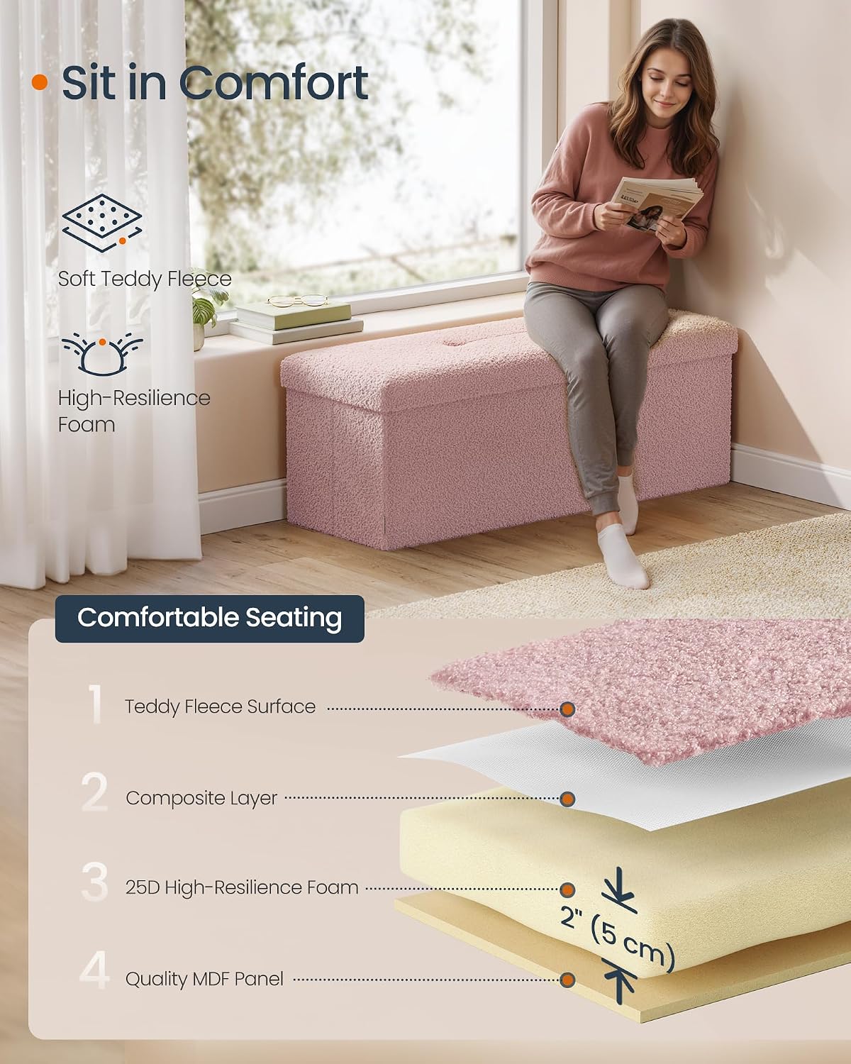SONGMICS Large Folding Storage Ottoman Bench, 15 x 43 x 15 Inches | Foot Rest Stool, Load up to 660 lb, Jelly Pink, MINOTA Collection ULSF097R01