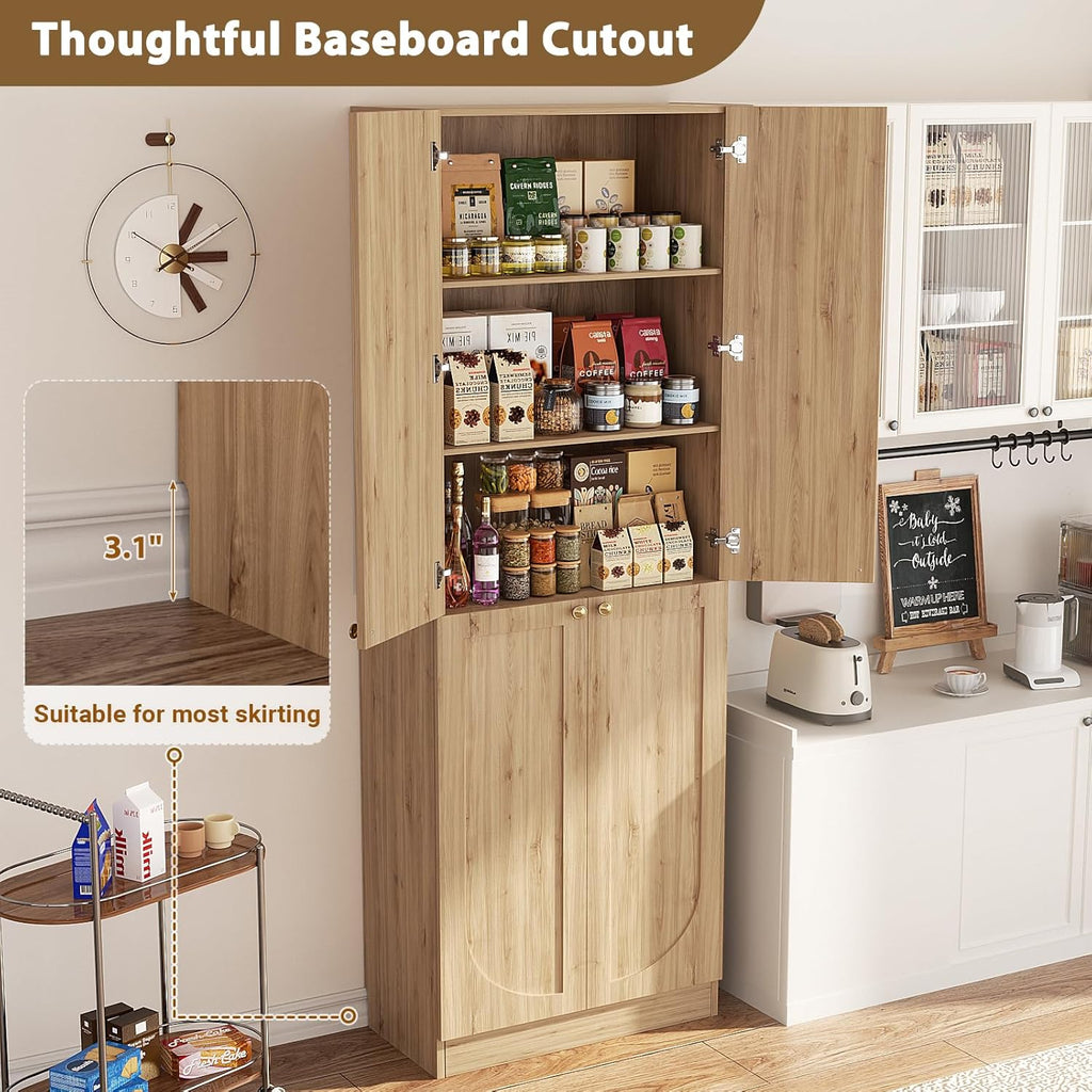 Cyclysio 80" Tall Kitchen Pantry Cabinet, 47" Wide Arch Storage Cabinets with Glass Doors and Adjustable Shelves, Freestanding Wood Floor Cupboard with Seamless Fit Wall for Living Room, Dining Room