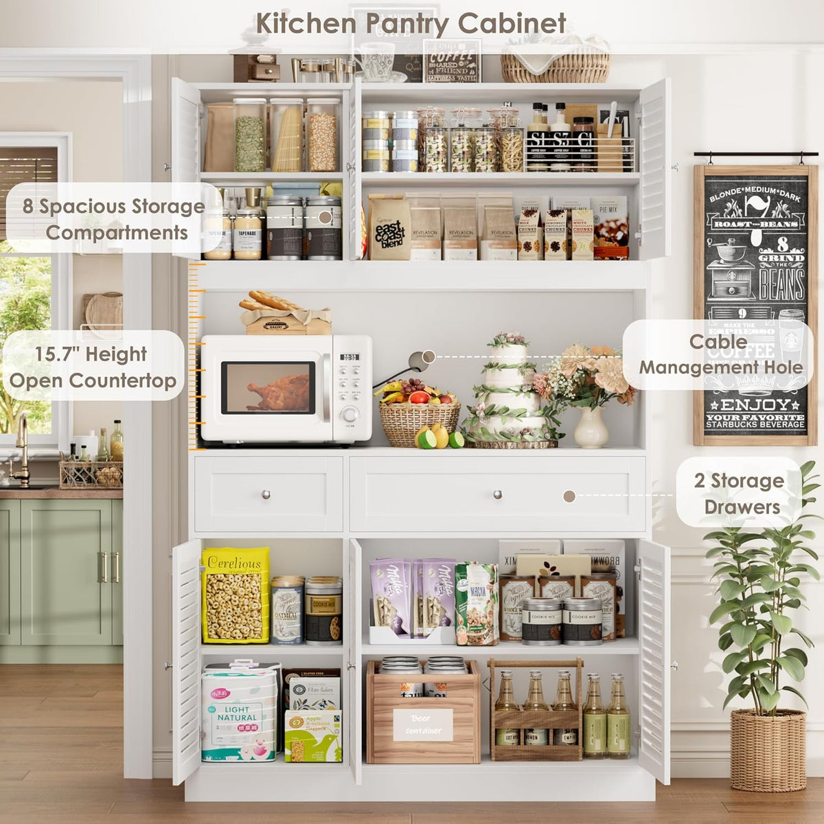 HIFIT 71" Tall Kitchen Pantry Cabinet with Spacious Countertop, 47.2" Wide Kitchen Hutch with Coffee Bar, Farmhouse Shoe Storage Cabinet for Entryway, White