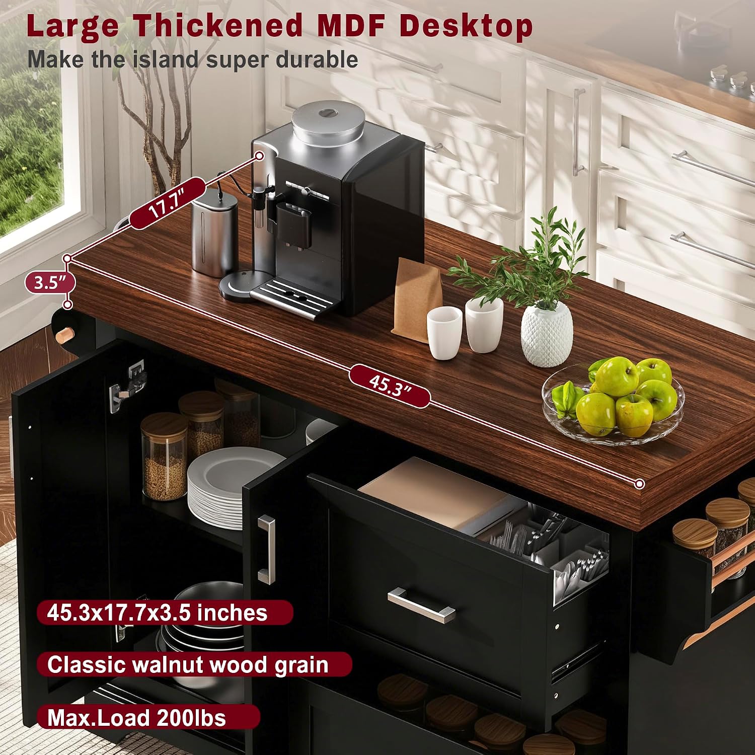 53" Large Kitchen Island with 3.5" Thick Desktop, Spice and Towel Racks, Rolling Kitchen Island with Storage on 5 Wheels, 2 Extra-Large Drawers, for Home, Kitchen, Dining Room, Black