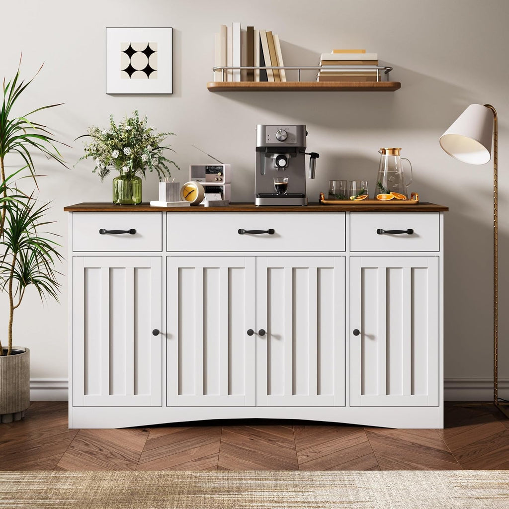 Gizoon Sideboard Buffet Cabinet with Storage, Modern Kitchen Sideboard and Coffee Bar with Drawers and Doors, Wood Buffet Table for Dining Room, 15.2" D x 55.1" W x 31.9" H, White/Rustic Brown