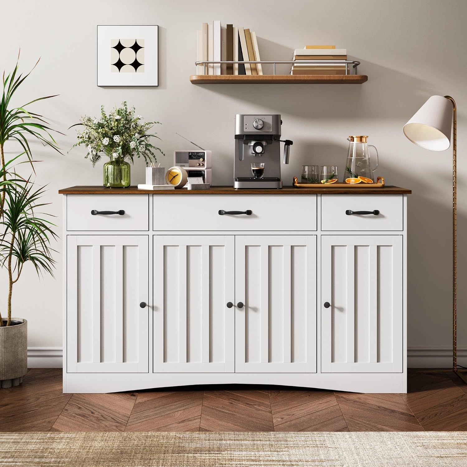 Gizoon Sideboard Buffet Cabinet with Storage, Modern Kitchen Sideboard and Coffee Bar with Drawers and Doors, Wood Buffet Table for Dining Room, 15.2" D x 55.1" W x 31.9" H, White/Rustic Brown