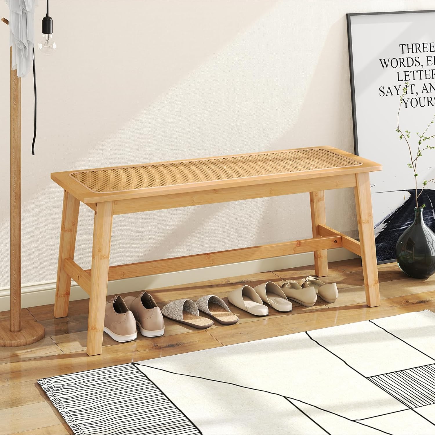 Giantex 39.5" Bamboo Dining Bench with Handwoven Rattan Seat, 600lbs Capacity, Shoe Ottoman, Kitchen Table Bench for Indoor Outdoor, Bedroom, Bathroom, Front Door, End of Bed, Entryway (Natural)