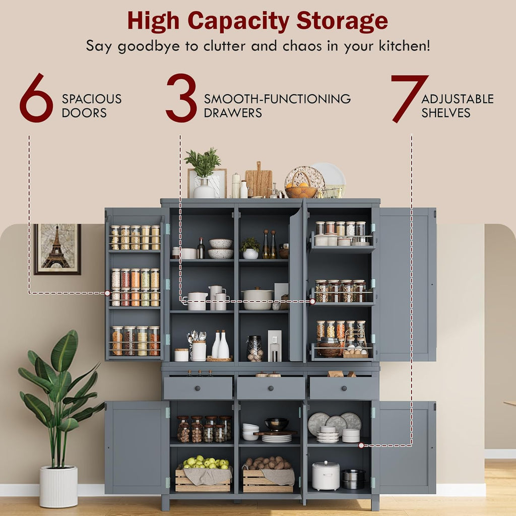 Harper & Bright Designs Kitchen Pantry Storage Cabinet with Door Shelves, Adjustable Shelves, Pull-Out Trays and Drawers, Freestanding Cupboard for Kitchen, Dining Room, Living Room,Grey