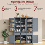 Harper & Bright Designs Kitchen Pantry Storage Cabinet with Door Shelves, Adjustable Shelves, Pull-Out Trays and Drawers, Freestanding Cupboard for Kitchen, Dining Room, Living Room,Grey