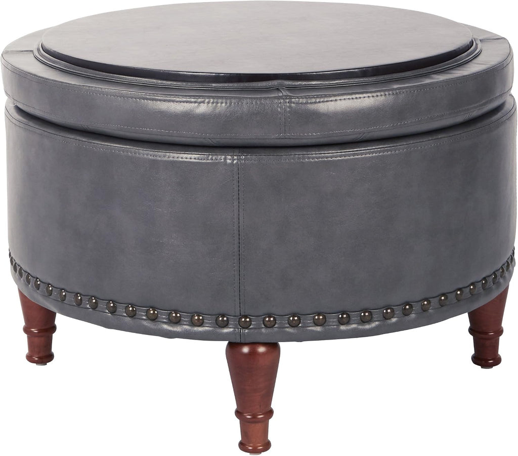 OSP Home Furnishings Alloway Storage Ottoman with Antique Bronze Nailheads, Pewter Faux Leather