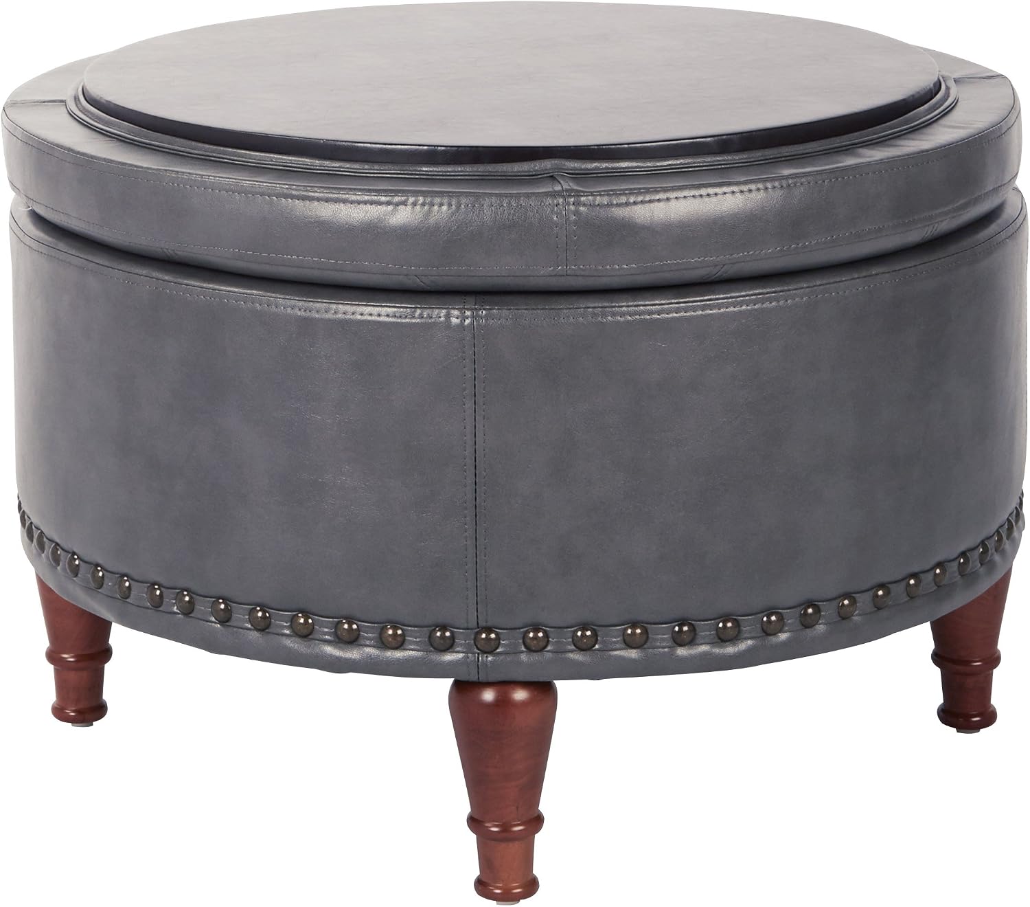 OSP Home Furnishings Alloway Storage Ottoman with Antique Bronze Nailheads, Pewter Faux Leather