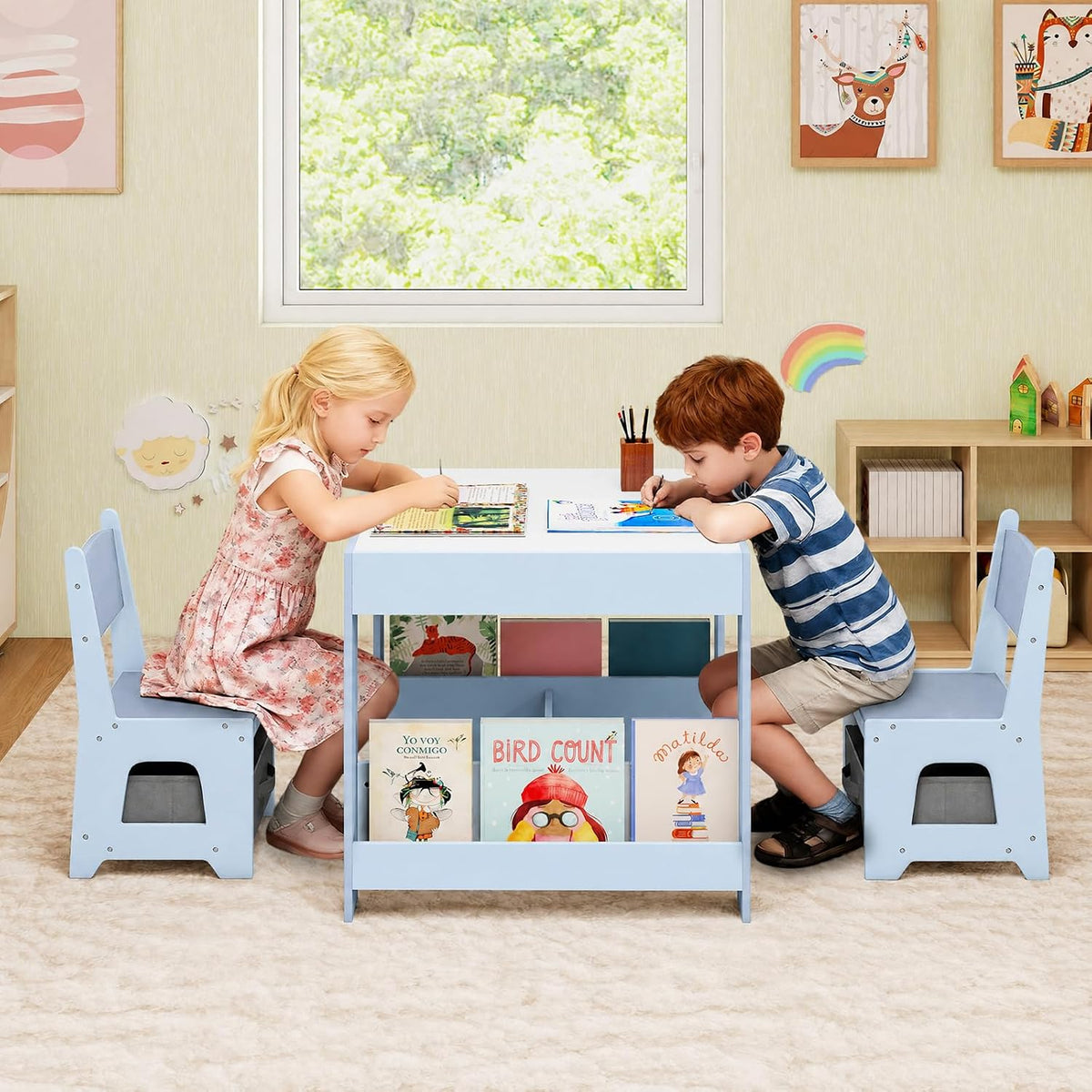 Children's Table with 2 Chairs Wood 3-Piece Furniture Set | Children's furniture set with shelf storage space and 4-in-1 painting table for children from 3 years
