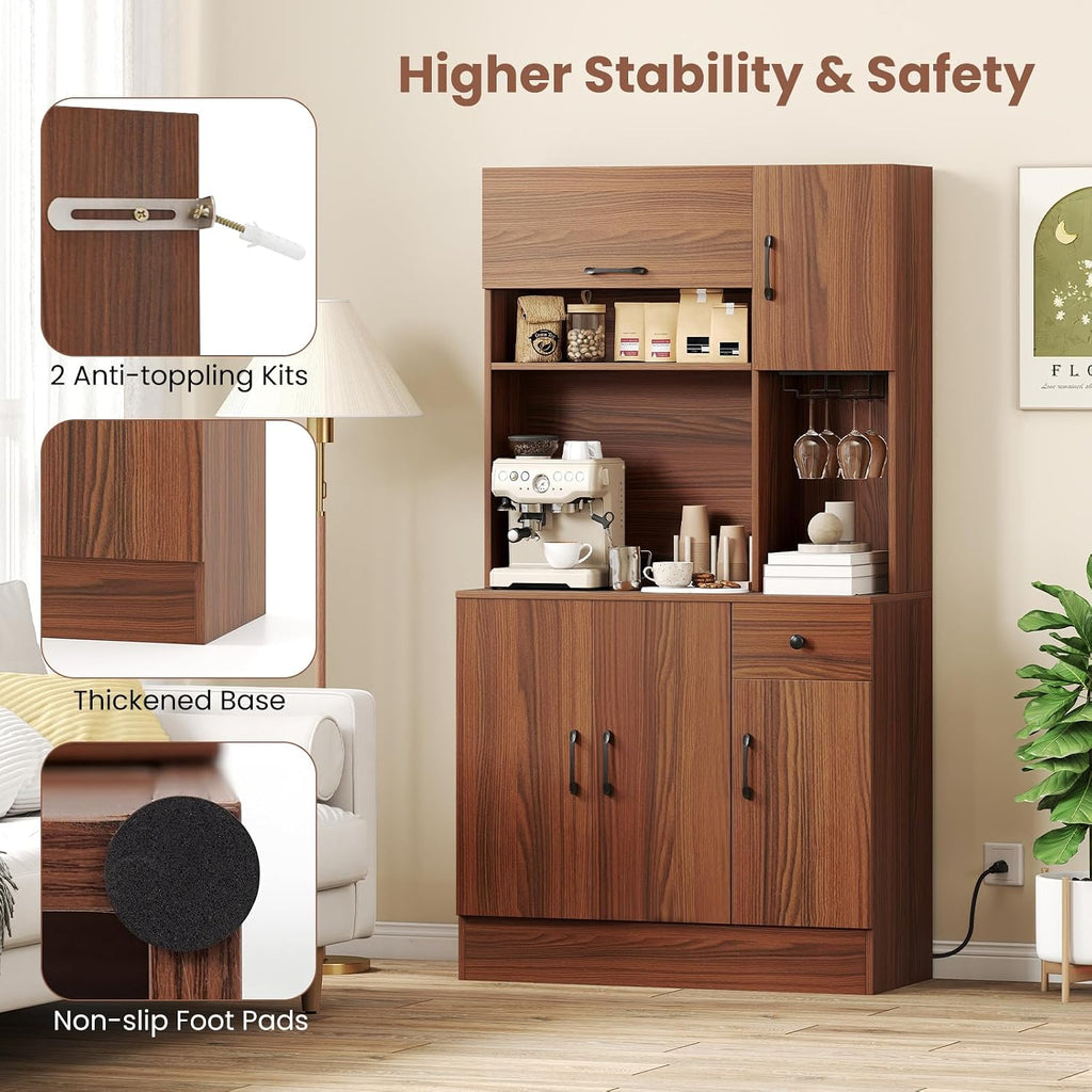 LOKO 66” Tall Pantry with Charging Station, Freestanding Storage Cabinet with Microwave Stand, Wine Glass Holder, Adjustable Shelves, Kitchen Hutch Cabinet for Living Room, Dining Room, Brown