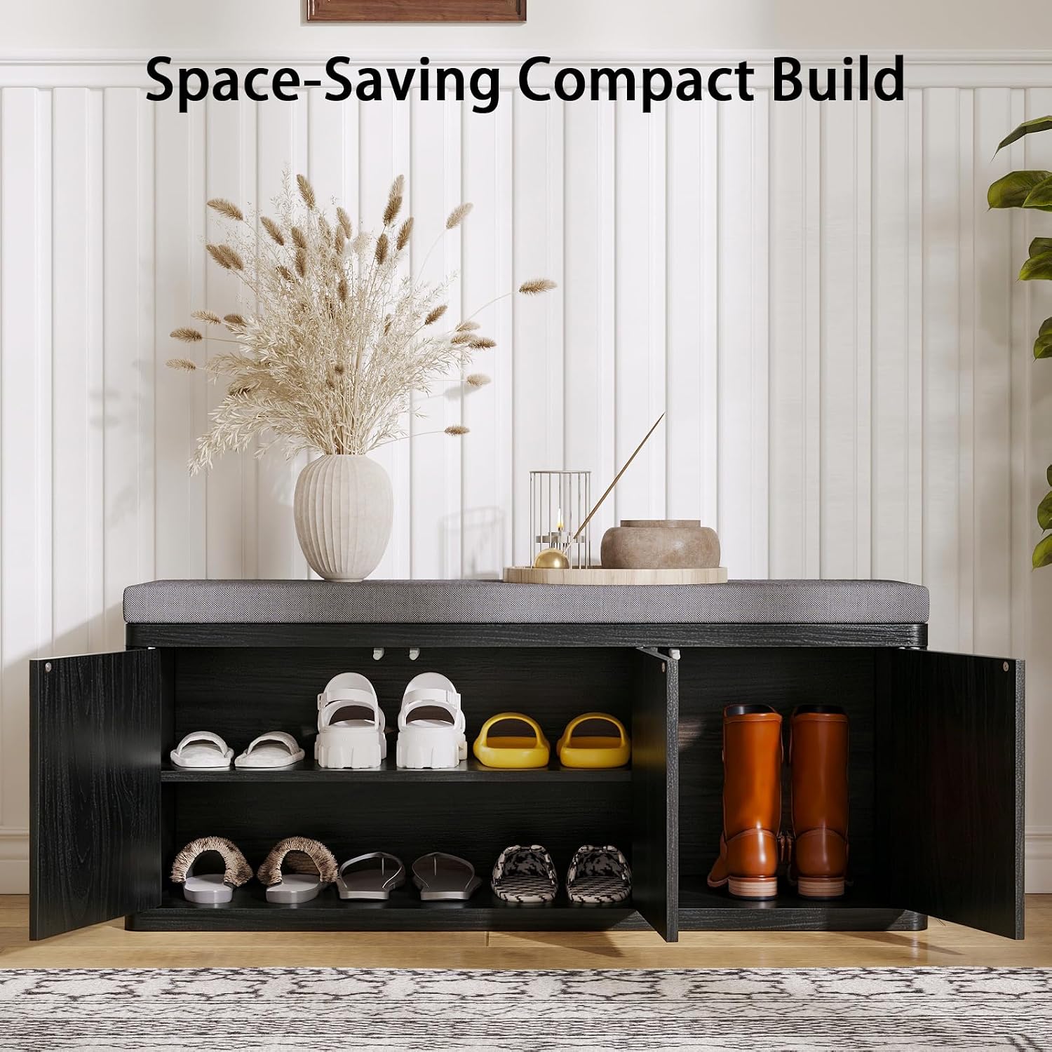41.3" Fluted Shoe Storage Bench, Entryway Bench with 2" Cushioned Seat, 440lbs Heavy Duty Shoe Cabinet Bench with Adjustable Shelf, Hidden Storage Organizer for Bedroom End of Bed, Black