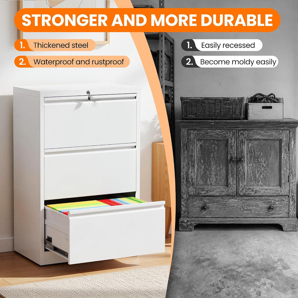 3 Drawer Metal Lateral File Cabinet with Lock,White Filing Cabinet | Heavy Duty Large Steel Storage Cabinets Home Office Wide Cabinets for Legal/Letter Size File,Assembly Required