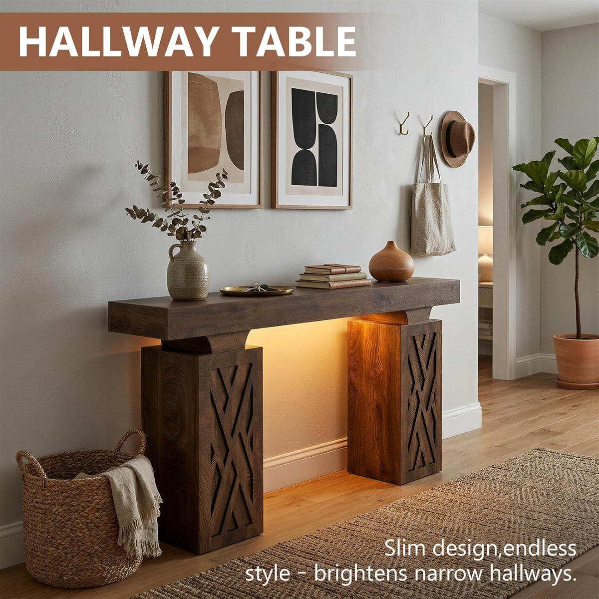 63-Inch Modern Console Table with LED & Outlet, Farmhouse Entryway Table with Geometric Base, Solid Wood-Grain Sofa Table Behind Couch, Narrow Accent Table for Hallway, Cracked Oak