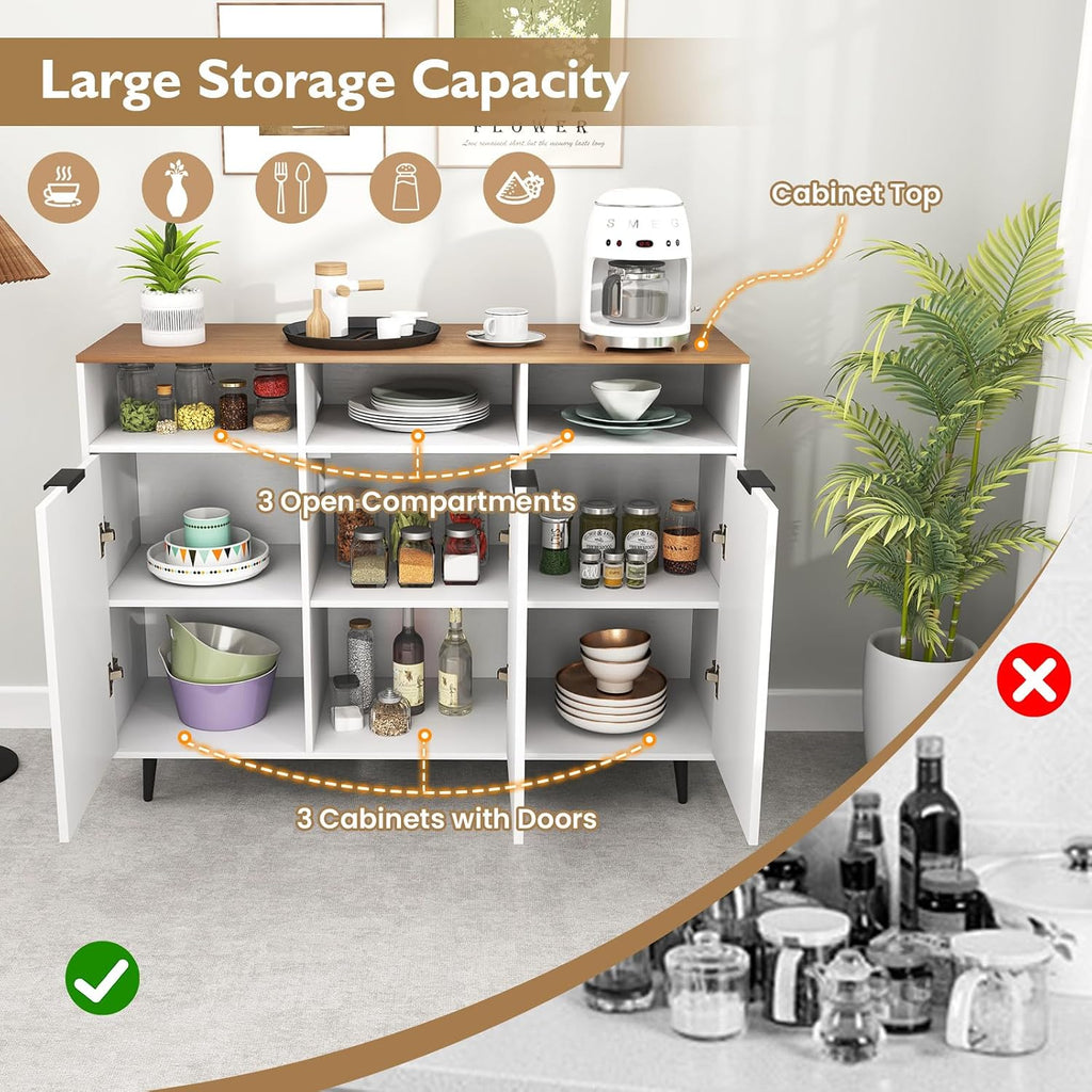 Giantex Sideboard Cabinet - 47” Buffet Cabinet with Storage Compartments, Countertop, 3 Doors Kitchen Cabinets, Modern Furniture for Living Room, Entryway, Coffee Bar (White & Natural)