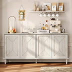 WAMPAT 65-inch Handcrafted Patchwork Decorative Buffet Cabinet with Pop-Up Design Doors,Full Unit Modern Farmhouse Accent Credenza for Coffee Bar, Kitchen, and Living Room, Pale Oak