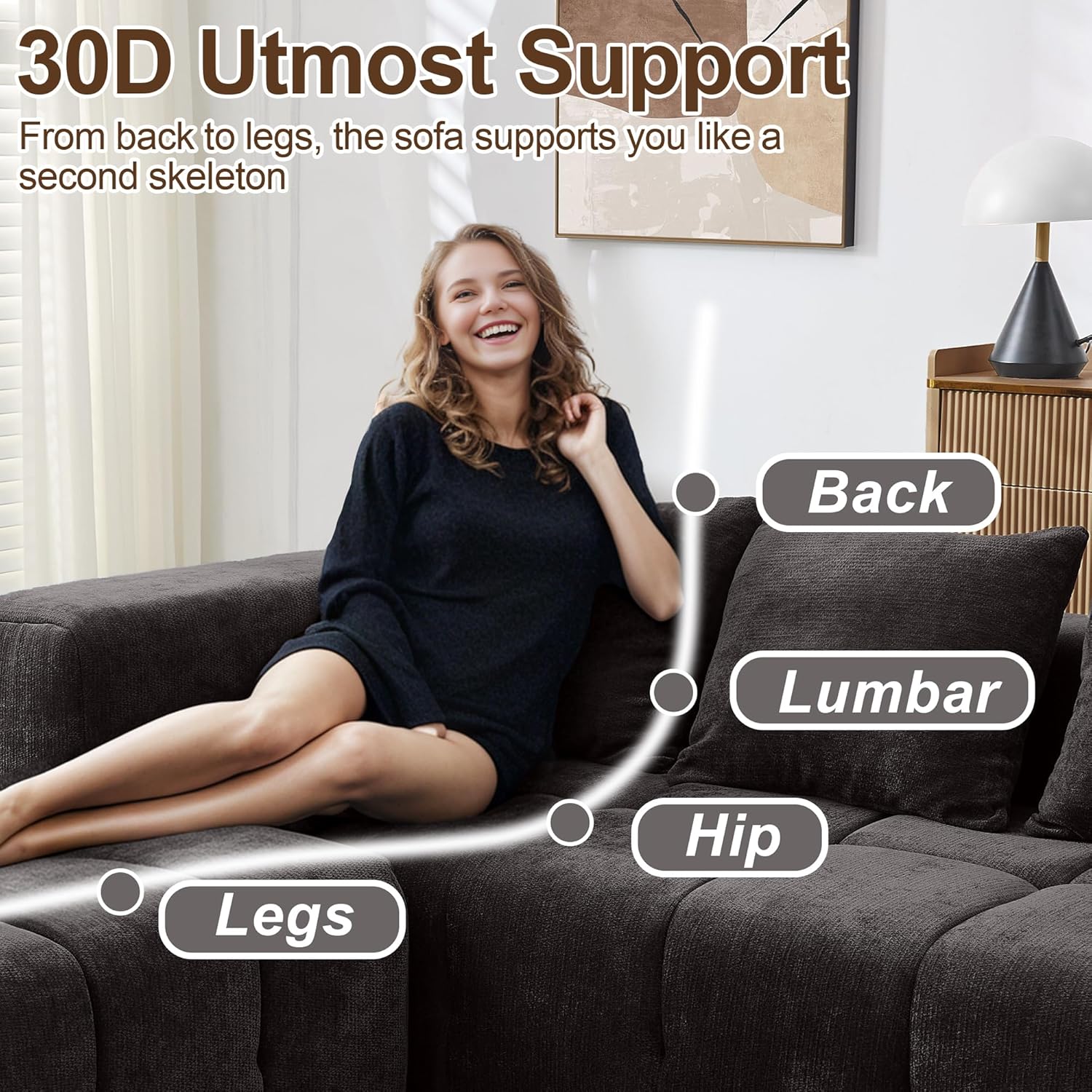 119" Couch, Cloud Sectional Couch with Deep Seat, High-Density Memory Foam and Chaise, Sectional L Shaped Sofa, Couches for Living Room, No Assembly Required Tufted Sofa, Dark Grey