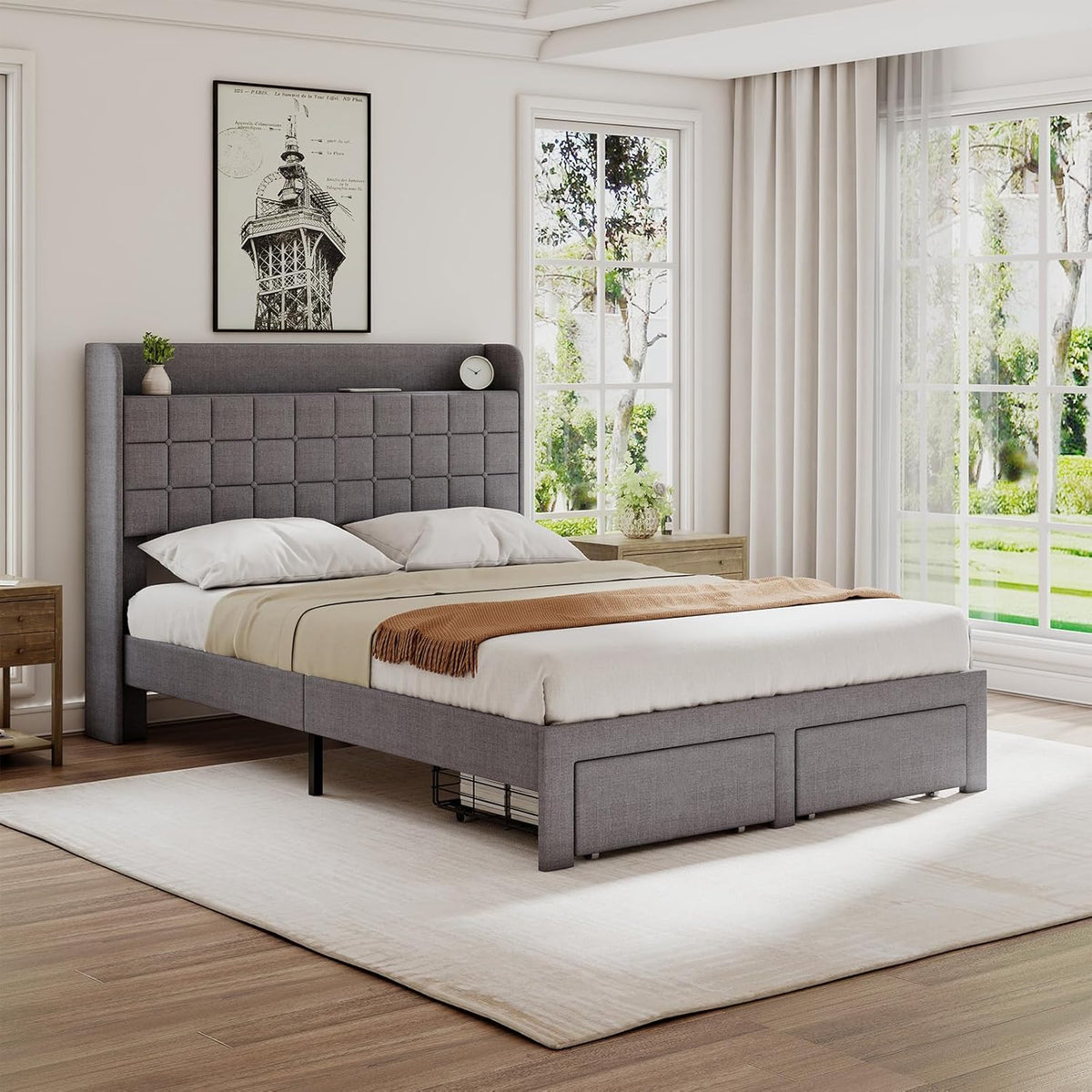 DUMOS Full Bed Frame, Upholstered Platform Bed Frame with Storage Drawers
