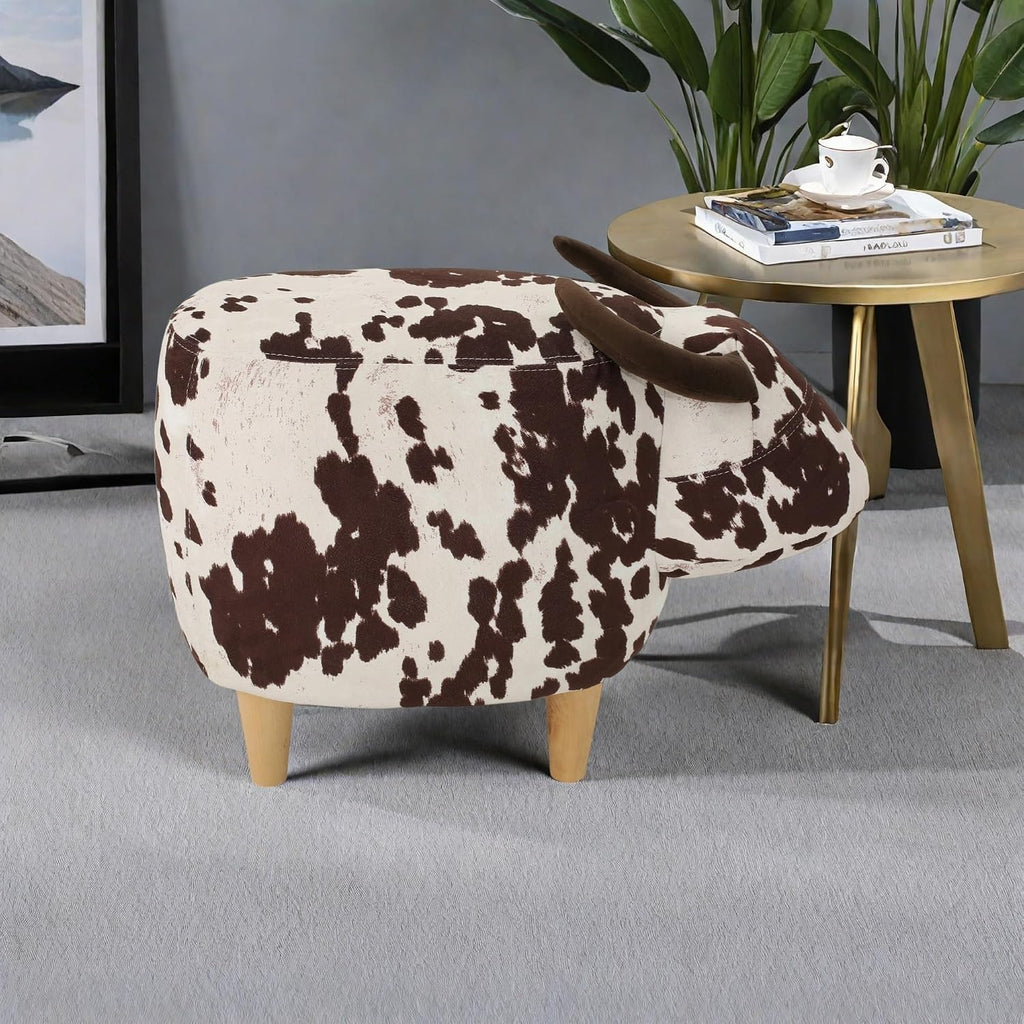 Modern Footstool, Cow-Shaped Ottoman with Birch Legs Cute Velvet Foot Rest for Couch Sofa, Artsy Animal Print Foot Stool for Living Room, Bedroom, Porch, Garden, Balcony Decor (Brown + White）