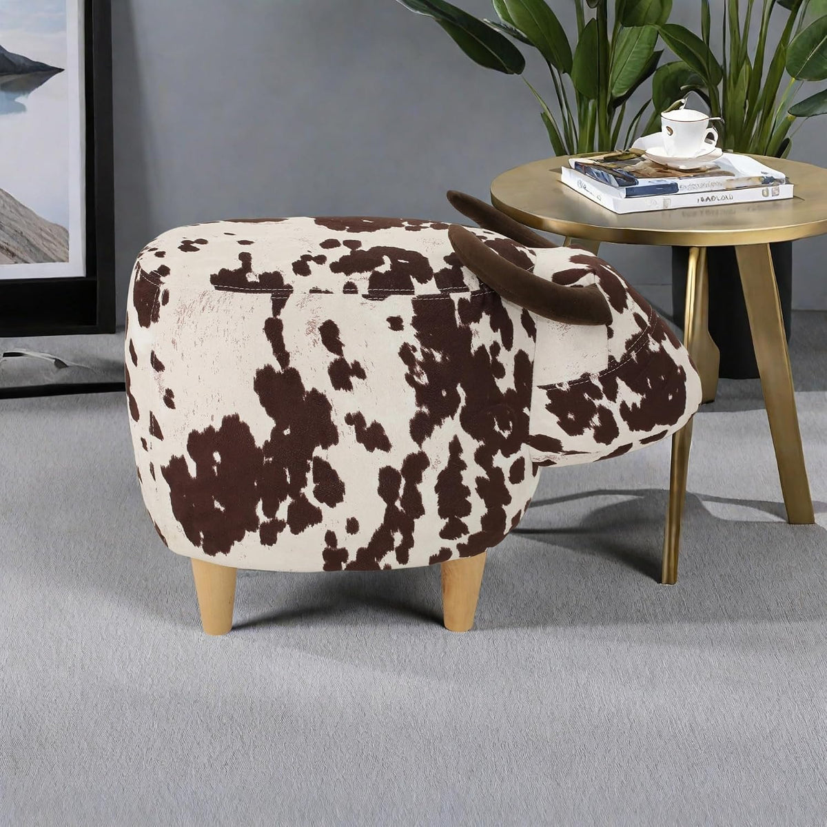 Modern Footstool, Cow-Shaped Ottoman with Birch Legs Cute Velvet Foot Rest for Couch Sofa, Artsy Animal Print Foot Stool for Living Room, Bedroom, Porch, Garden, Balcony Decor (Brown + White）