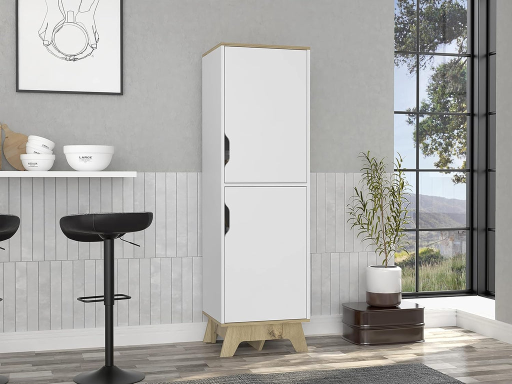 FM FURNITURE British Single Kitchen Pantry with 4 Shelves, and Double Doors Cabinet, Light Oak/White