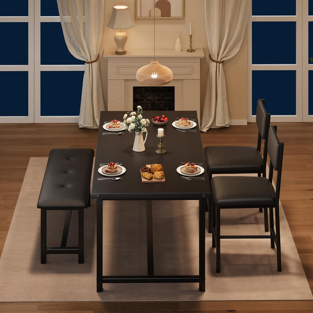 GarveeHome Dining Table Set for 4 with 2 Upholstered Chairs and Bench, 4 Piece Wood Kitchen Table Set for Small Spaces, Apartment and Dining Room, Retro Black