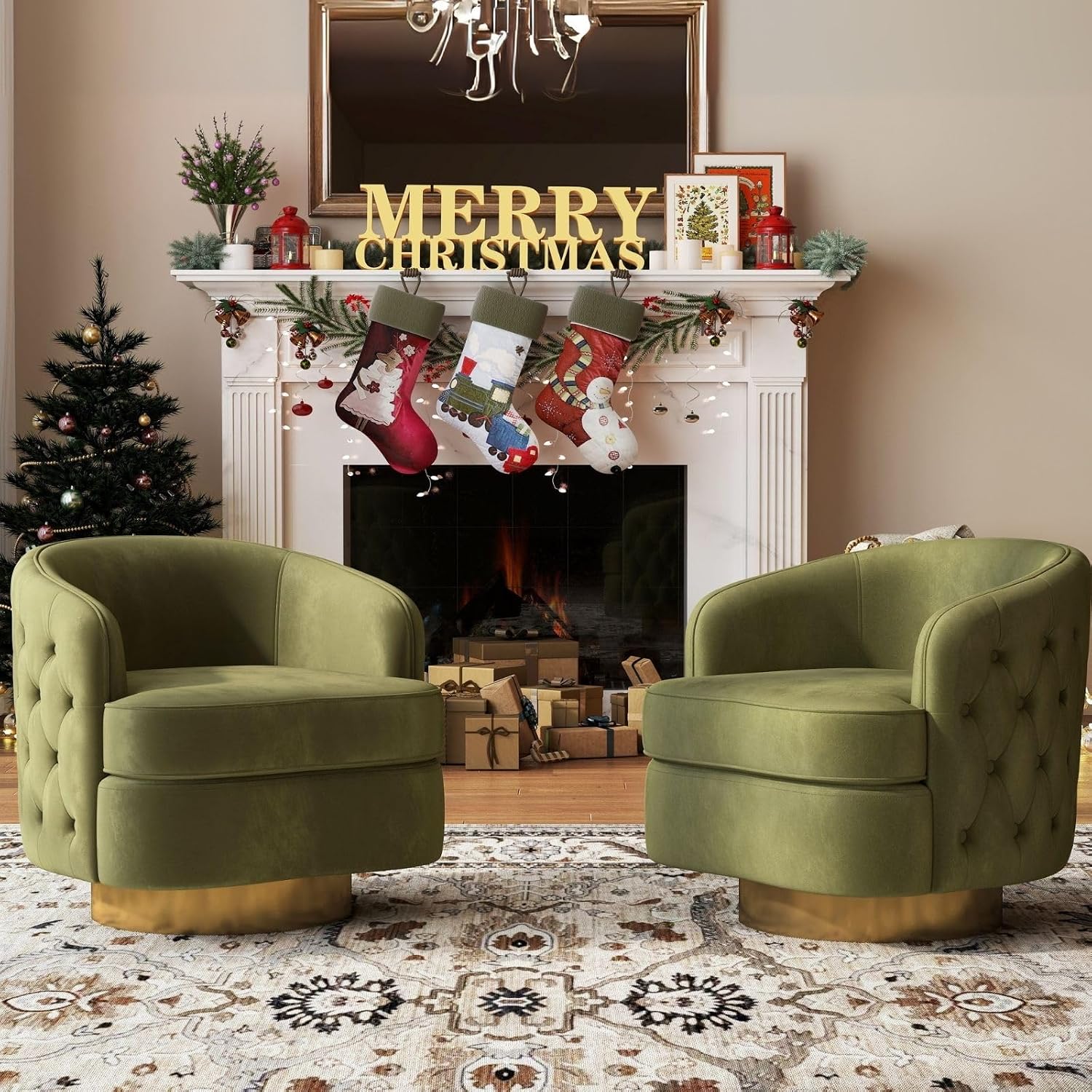 Hyfirm Modern Accent Chair, Swivel Barrel Armchair for Living Room, Button Tufted Velvet Comfy Chairs, Round Upholstered Single Sofa Seating with Gold Base, Green