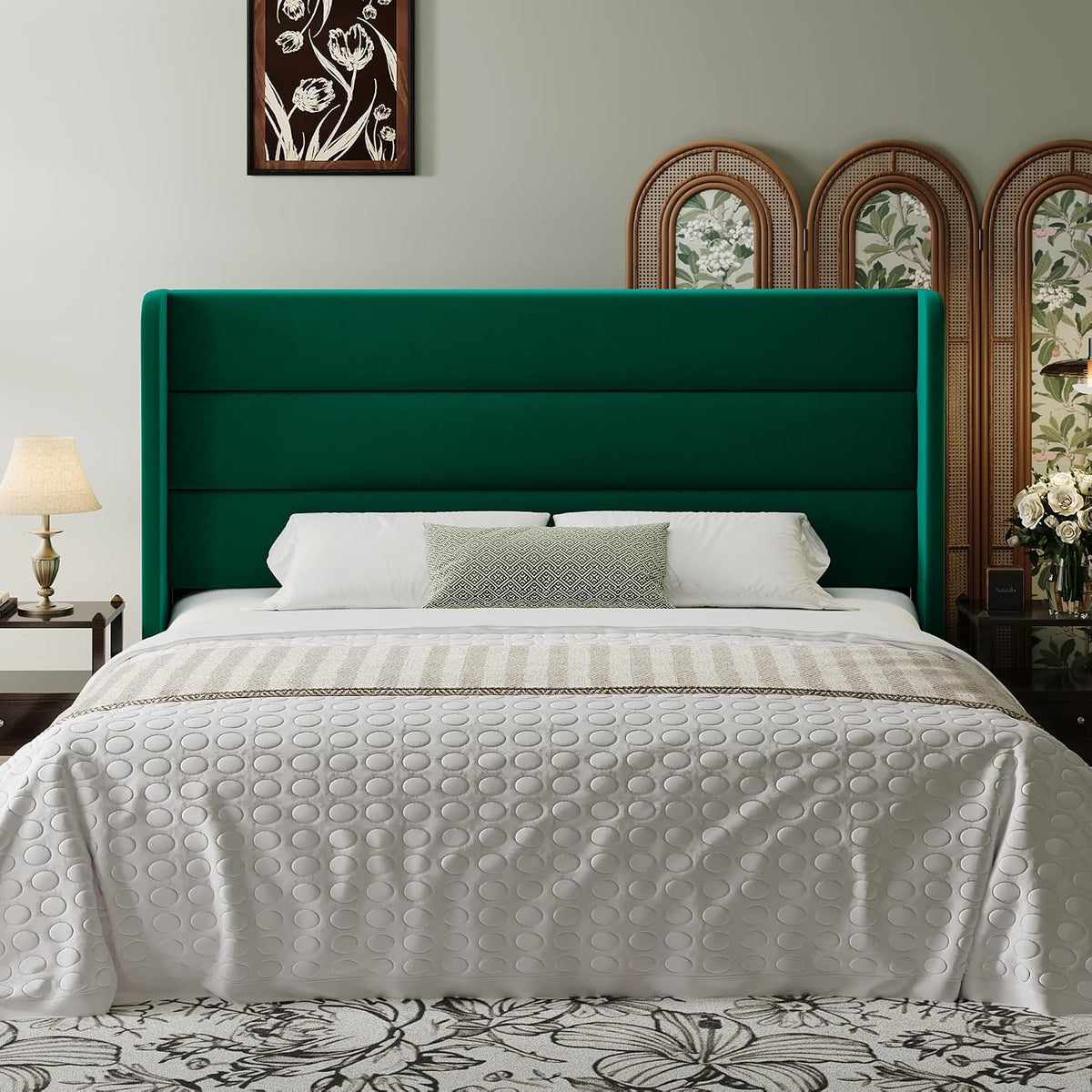 SHA CERLIN King Size Velvet Bed Frame with Wingback Headboard/Upholstered Platform Bed with Wooden Slats/Mattress Foundation/No Box Spring Needed/Easy Assembly/Green