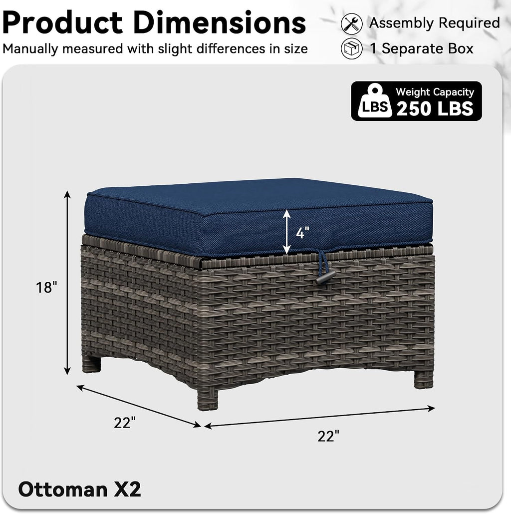 Patio Ottomans Set of 2, 22"x 22"x 18" Outdoor Wicker Footstool with Cushion, Blue, for Garden, Backyard, Deck, Porch, Balcony, Poolside