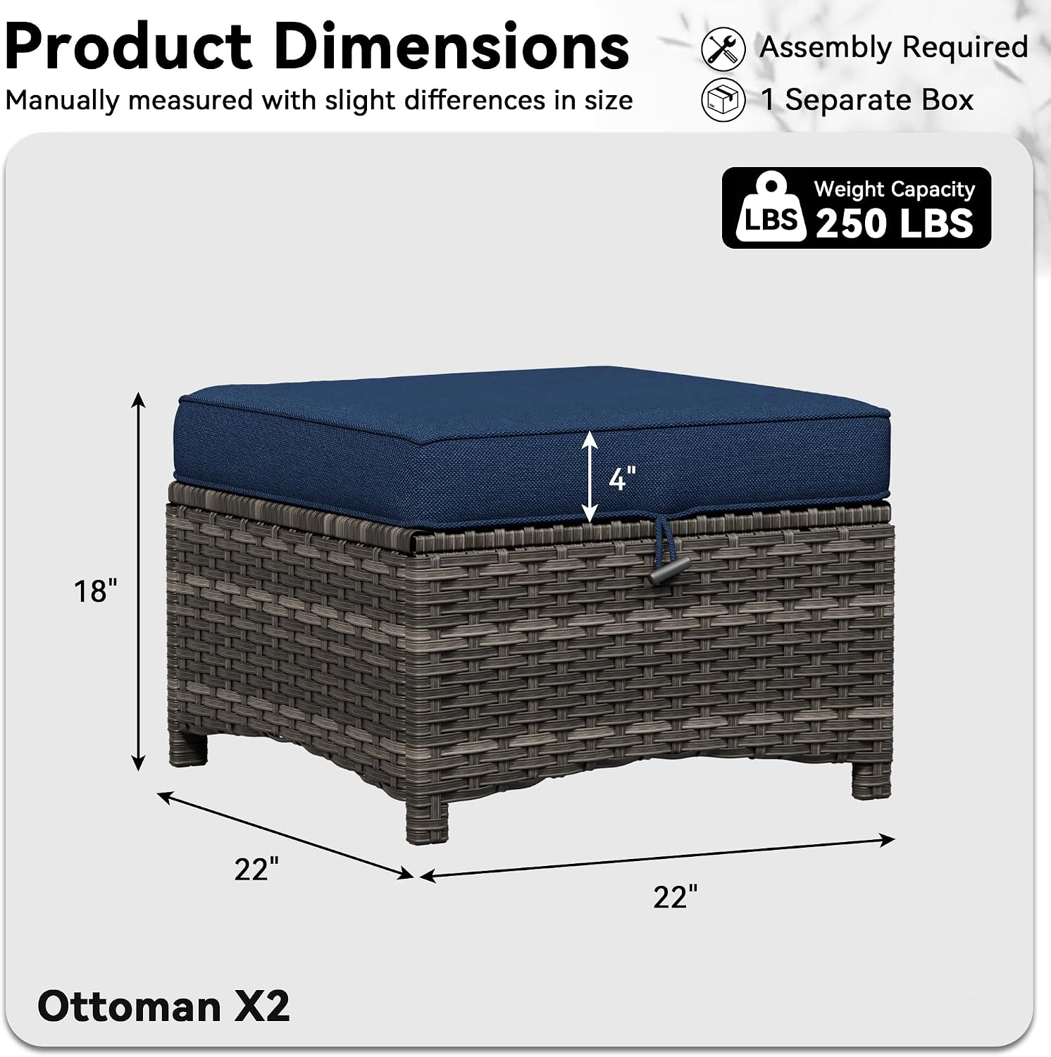 Patio Ottomans Set of 2, 22"x 22"x 18" Outdoor Wicker Footstool with Cushion, Blue, for Garden, Backyard, Deck, Porch, Balcony, Poolside