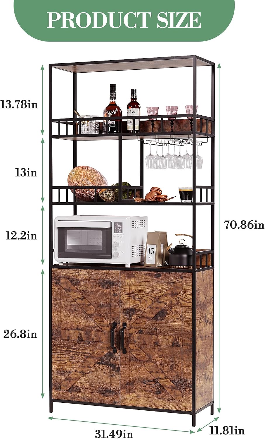 71" Tall Bar Cabinet with Wine Rack & Storage Shelves, 3-Tier Freestanding Backers Rack with Barn Door, Metal Structure Coffee Bar Table for Kitchen Dining Room, Retro Color