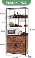 71" Tall Bar Cabinet with Wine Rack & Storage Shelves, 3-Tier Freestanding Backers Rack with Barn Door, Metal Structure Coffee Bar Table for Kitchen Dining Room, Retro Color