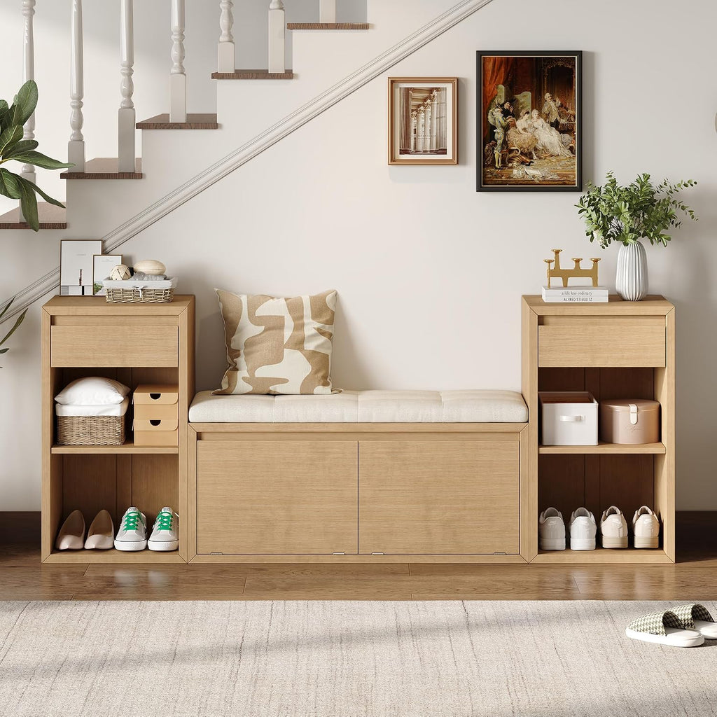 Entryway Bench with Shoe Storage, Solid Wood Shoe Bench with Cushion and Drawers, Open Shelves, Storage Bench for Entry Way, Living Room, Hallway, Natural Wood