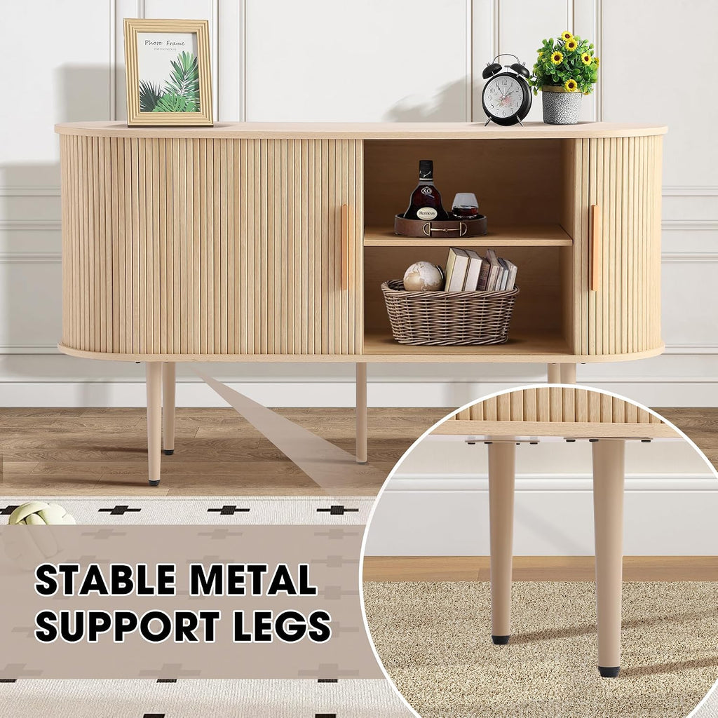 Grepatio 55" Sideboard Buffet Cabinet with Fluted Slide Doors, Tambour Storage Cabinet with Shelves, Modern Credenza Sideboard Buffet Console Cabinets for Living Room Hallway Entryway (Natural)