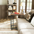 FurnitureR End Table C Shaped, Snack Side Table with Rolling Wheels for Sofa Couch and Bed, Portable, Easy Assembly, Metal Frame, Rustic Brown