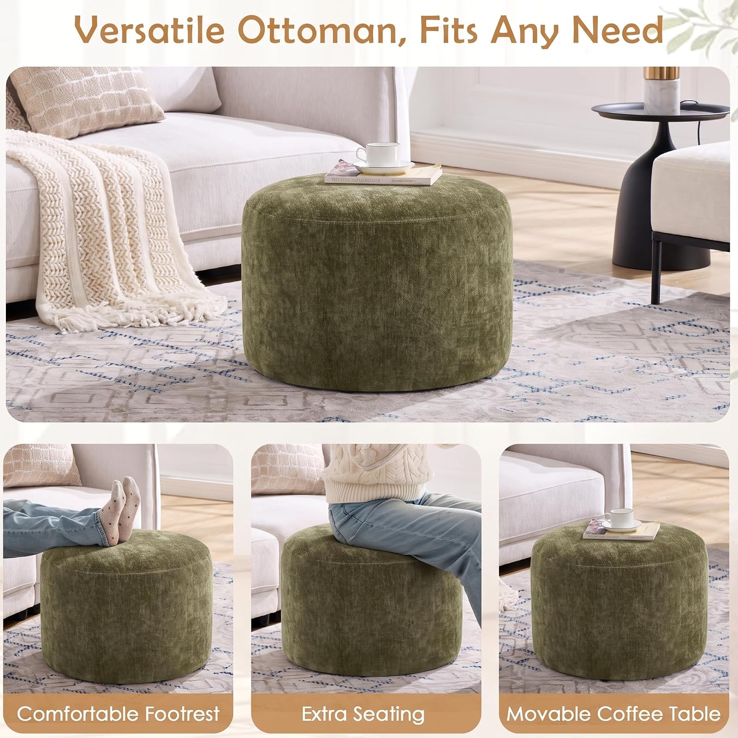 Upholstered Round Green Pouf Ottoman, Modern Footstool | Chenille Footrest with Soft Padded Seat & Wood Frame, Sage Green Ottoman, Accent Vanity Stool for Living Room and Bedroom